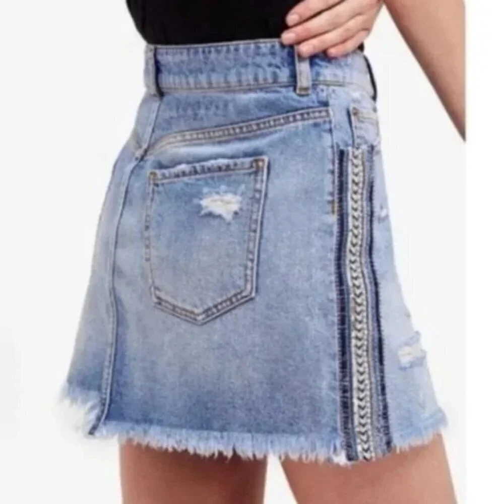 We The Free People Denim Mini Skirt Size 0 McBling Distressed Boho Hippie Grunge